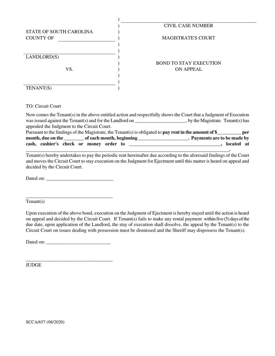 Form SCCA/657 Bond to Stay Execution on Appeal - South Carolina, Page 1
