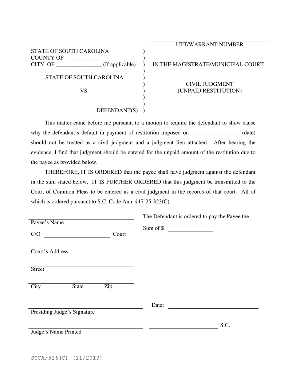 Form SCCA / 516(C) Civil Judgment (Unpaid Restitution) - South Carolina, Page 1