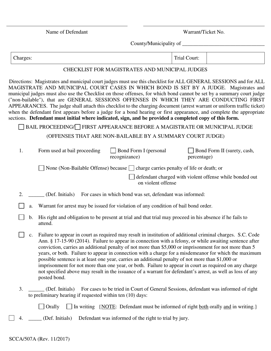 Form SCCA / 507A Checklist for Magistrates and Municipal Judges - South Carolina, Page 1