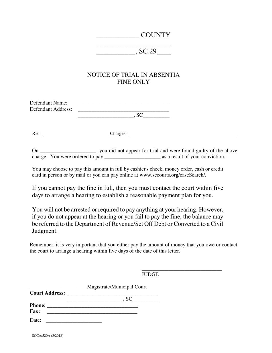 Form SCCA / 520A Notice of Trial in Absentia - Fine Only - South Carolina, Page 1