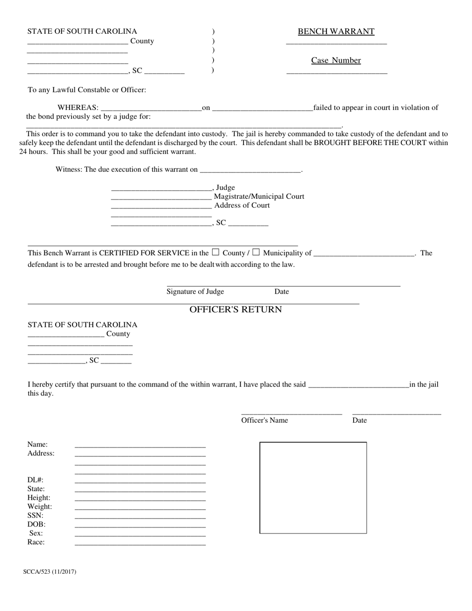 Form SCCA / 523 Bench Warrant After Failure to Appear - South Carolina, Page 1