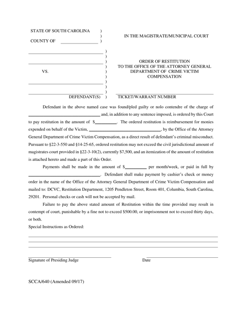 Form SCCA/640 Order of Restitution to the Office of the Attorney General Department of Crime Victim Compensation - South Carolina