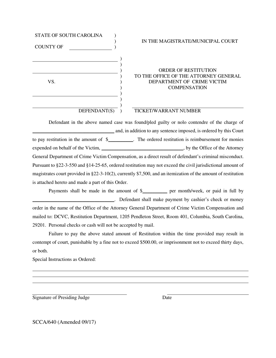 Form SCCA / 640 Order of Restitution to the Office of the Attorney General Department of Crime Victim Compensation - South Carolina, Page 1