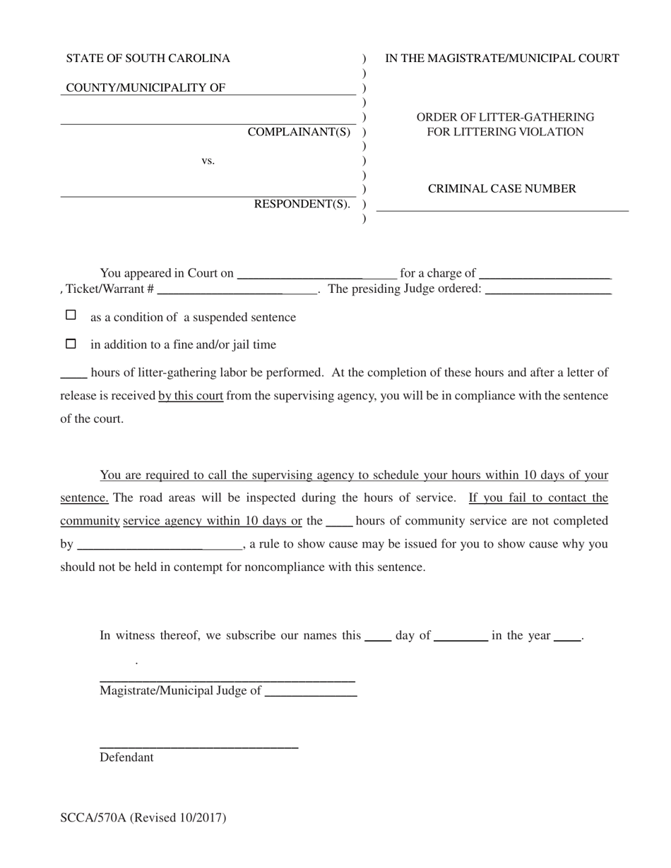 Form SCCA / 570A Order of Litter-Gathering for Littering Violation - South Carolina, Page 1