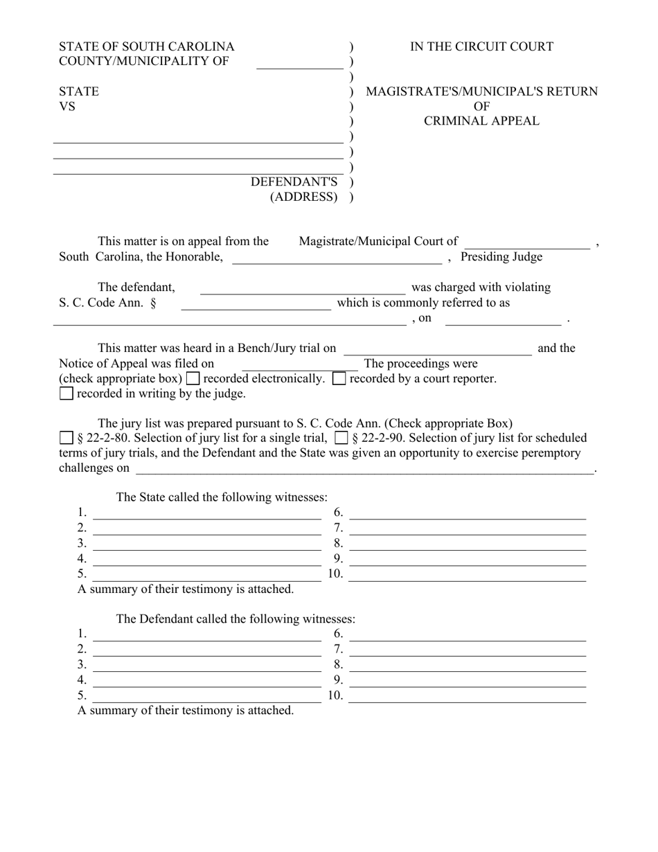 South Carolina Magistrate's/Municipal's Return of Criminal Appeal ...