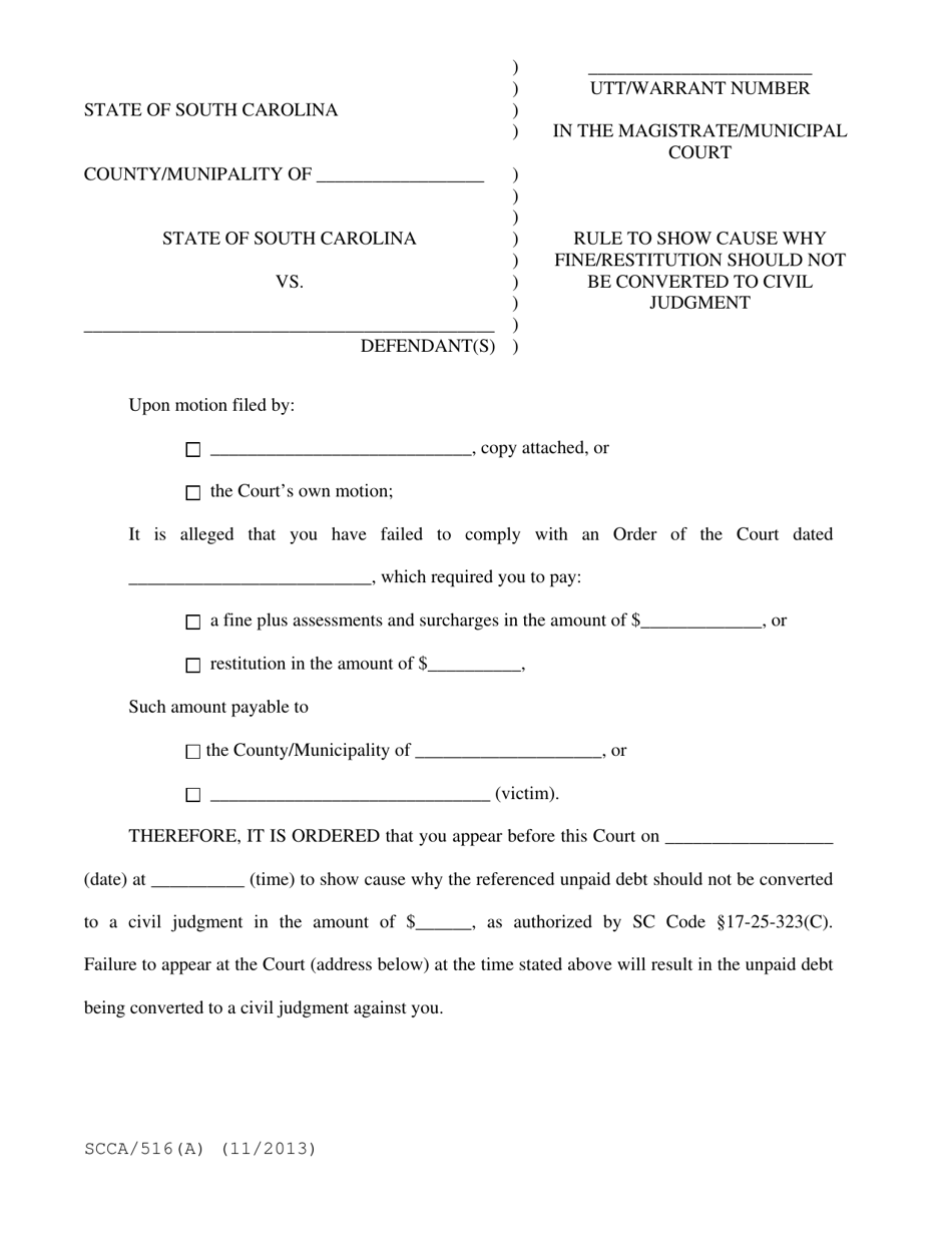 Form SCCA / 516A Rule to Show Cause Why Fine / Restitution Should Not Be Converted to Civil Judgment - South Carolina, Page 1
