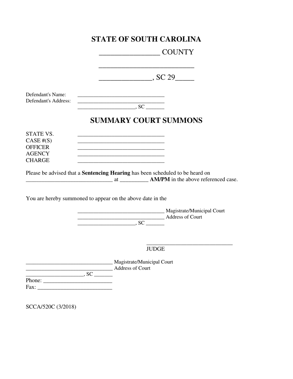 Form SCCA/520C Summons for Sentencing Hearing - South Carolina, Page 1
