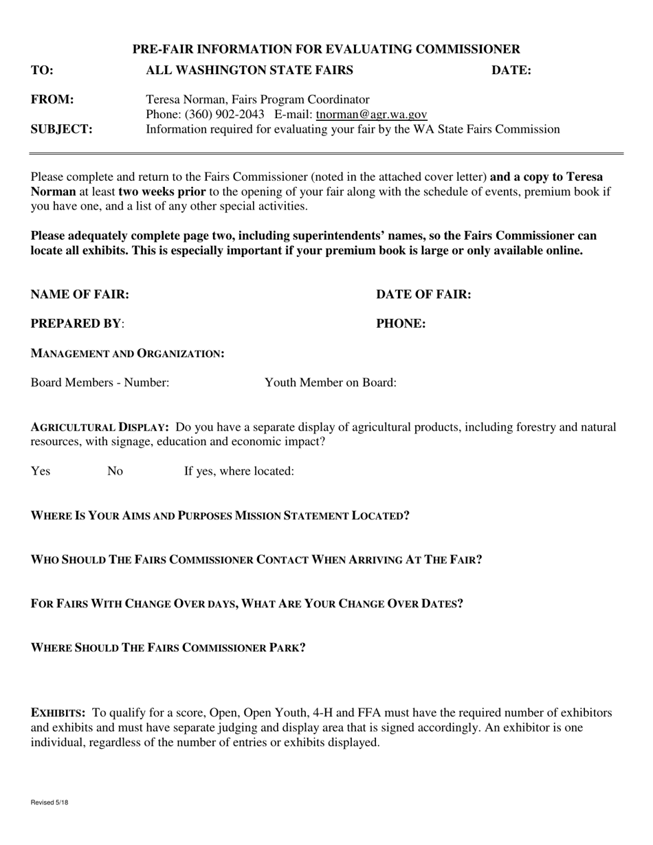 Pre-fair Information for Evaluating Commissioner - Washington, Page 1