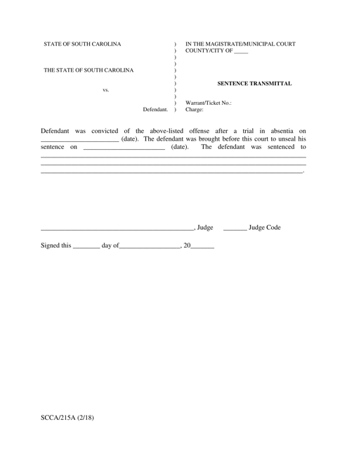 Form SCCA/215A Sentence Transmittal - South Carolina
