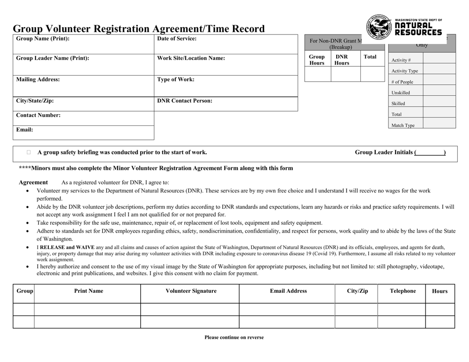 Group Volunteer Registration Agreement / Time Record - Washington, Page 1