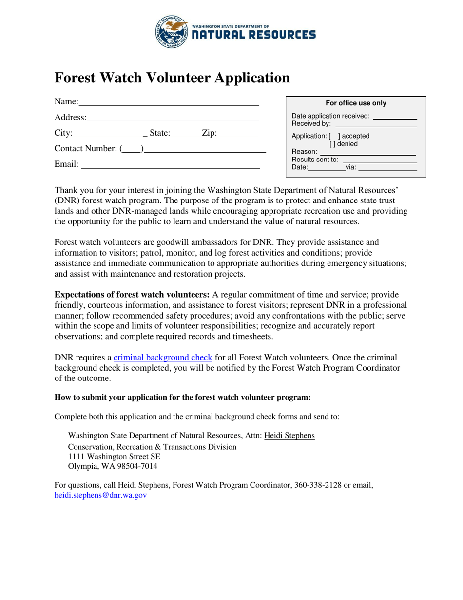 Forest Watch Volunteer Application - Washington, Page 1