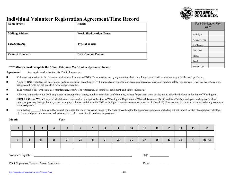 Individual Volunteer Registration Agreement / Time Record - Washington, Page 1