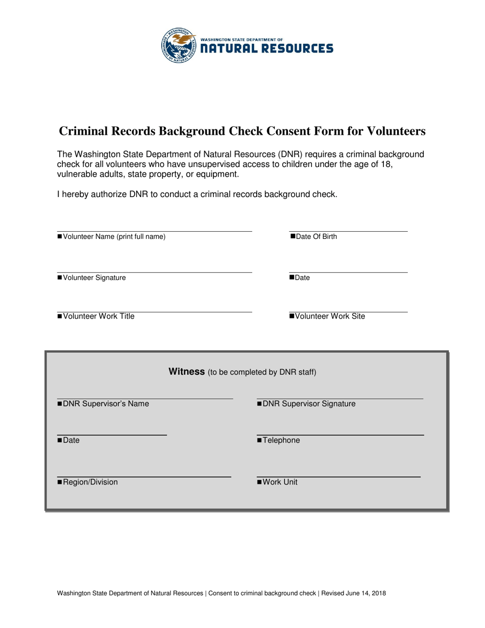 Criminal Records Background Check Consent Form for Volunteers - Washington, Page 1