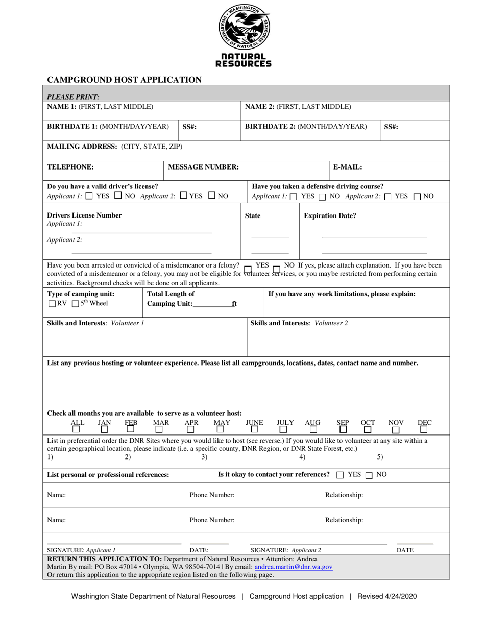 Campground Host Application - Washington, Page 1
