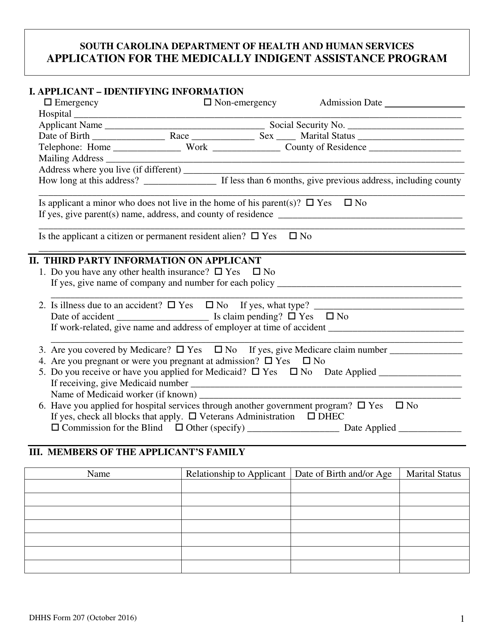 DHHS Form 207 Application for the Medically Indigent Assistance Program - South Carolina
