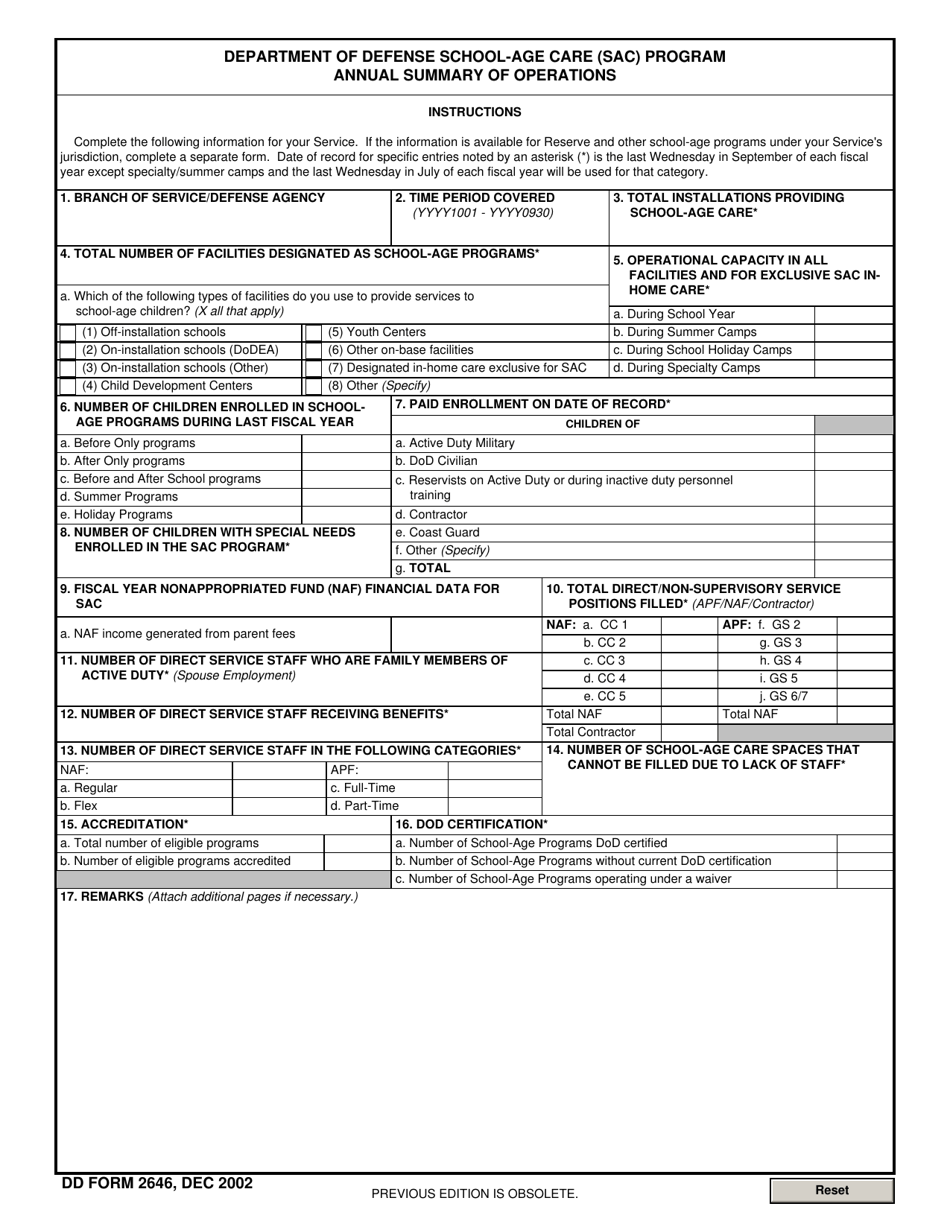 DD Form 2646 Annual Summary of Operations - Department of Defense School-Age Care (Sac) Program, Page 1