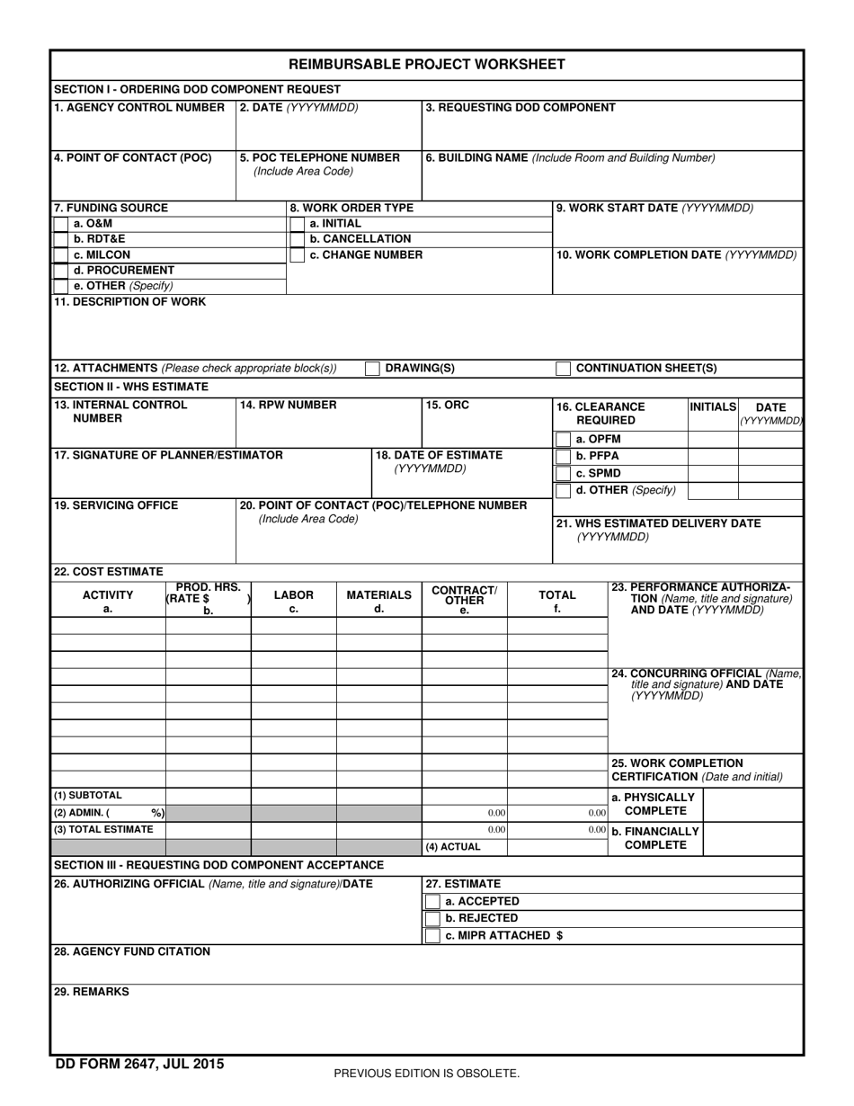 DD Form 2647 Reimbursable Project Worksheet, Page 1