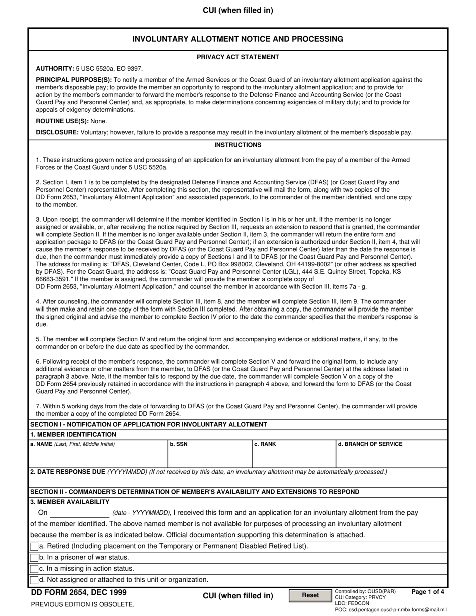 DD Form 2654 Involuntary Allotment Notice and Processing, Page 1