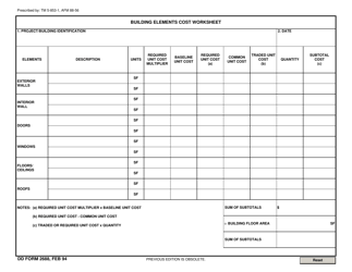 Document preview: DD Form 2688 Building Elements Cost Worksheet