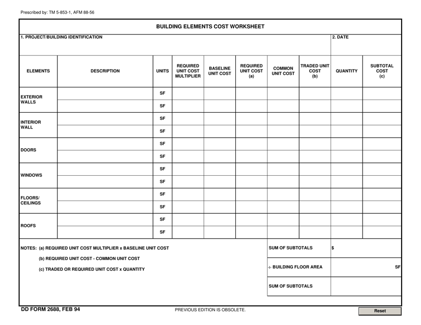 DD Form 2688 Building Elements Cost Worksheet