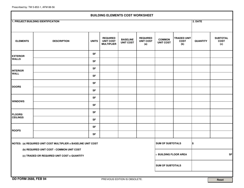 DD Form 2688 Building Elements Cost Worksheet, Page 1