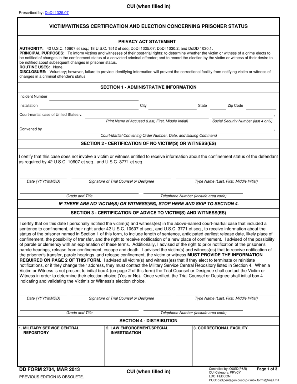 DD Form 2704 Victim / Witness Certification and Election Concerning Prisoner Status, Page 1