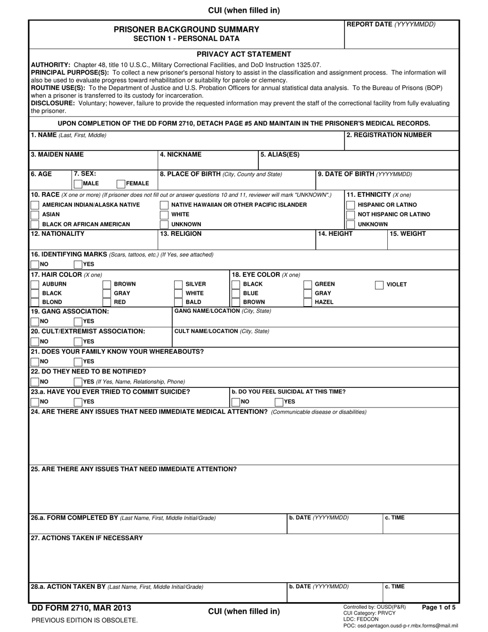 DD Form 2710 Prisoner Background Summary, Page 1