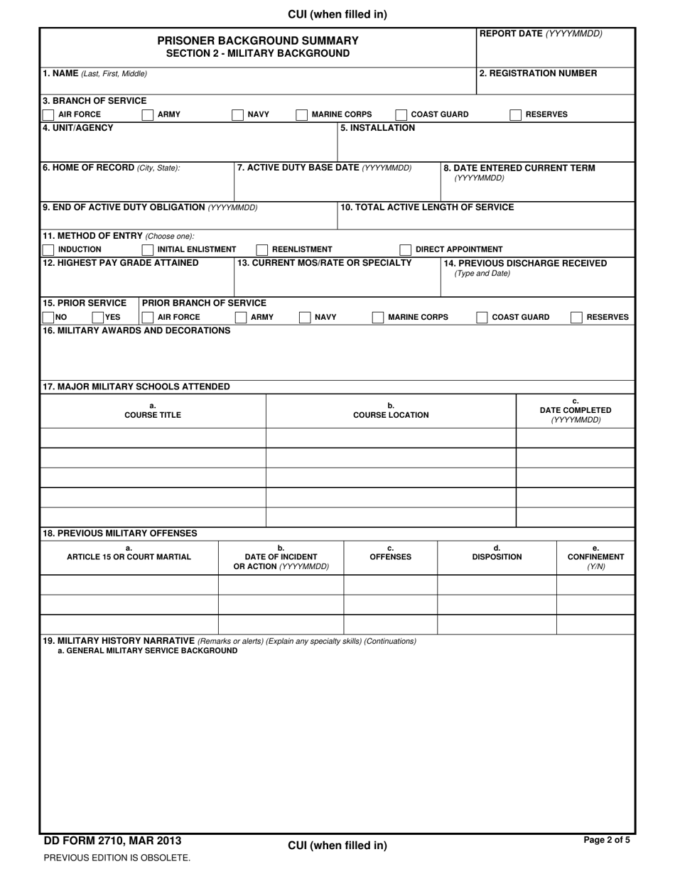 DD Form 2710 Prisoner Background Summary, Page 2