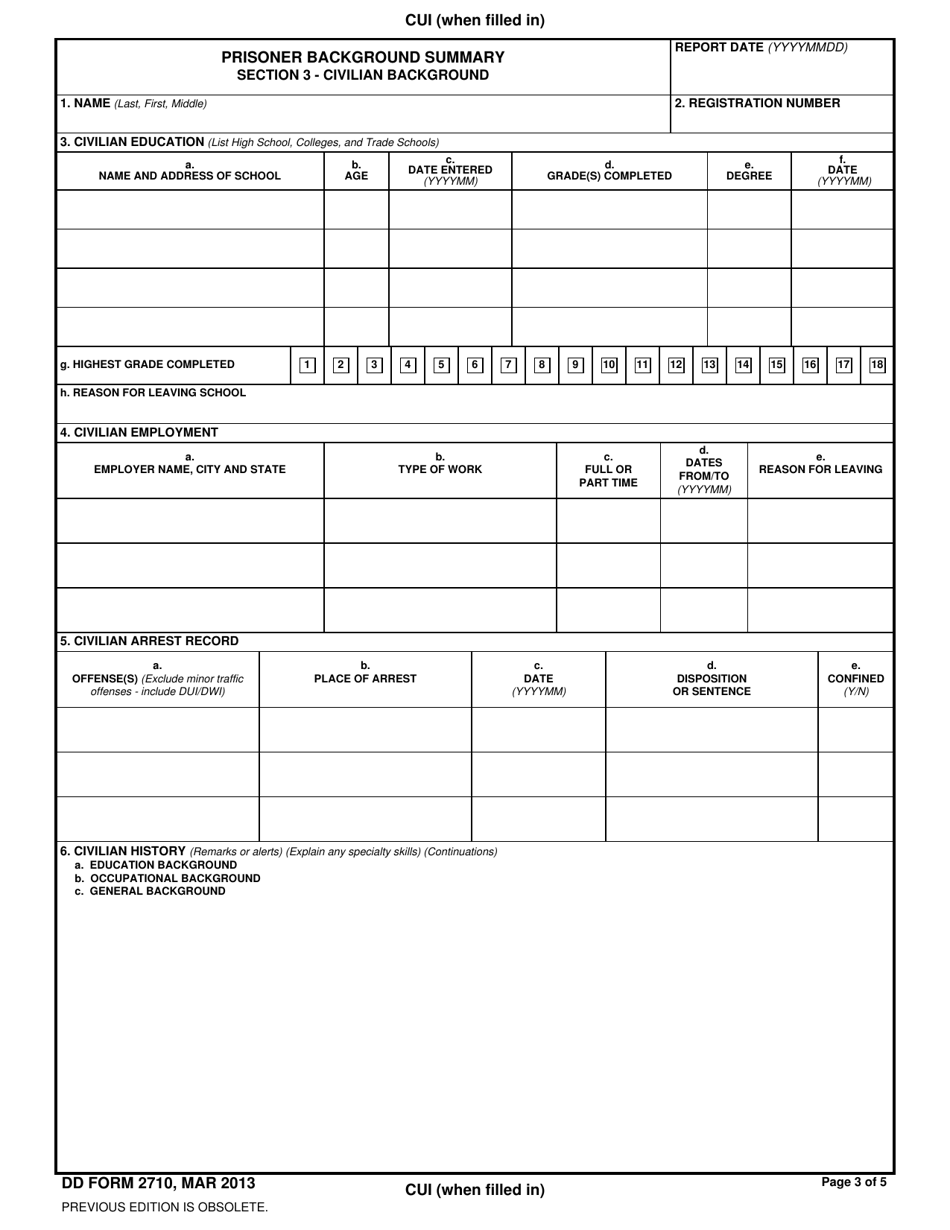 DD Form 2710 Prisoner Background Summary, Page 3