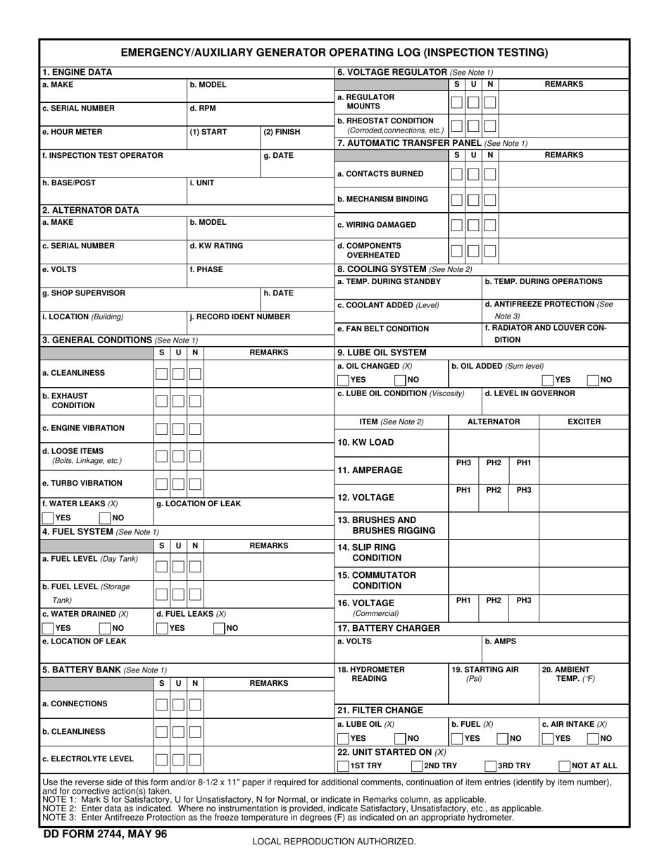 DD Form 2744 Emergency / Auxiliary Generator Operating Log (Inspection Testing), Page 1