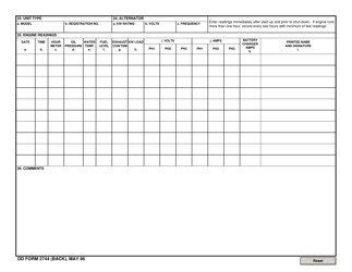 DD Form 2744 Emergency/Auxiliary Generator Operating Log (Inspection Testing), Page 2