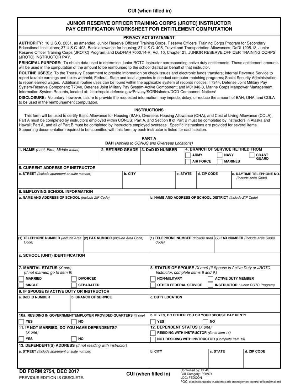 DD Form 2754 Junior Service Officer Training Corps (JROTC) Instructor Pay Certification Worksheet for Entitlement Computation, Page 1