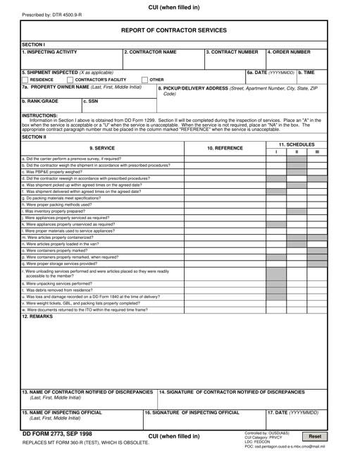 DD Form 2773 Report of Contractor Services