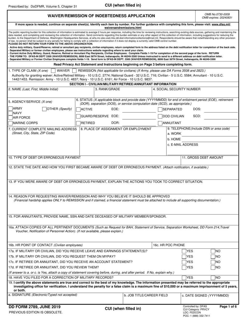 DD Form 2789 Download Fillable PDF or Fill Online Waiver/Remission of ...