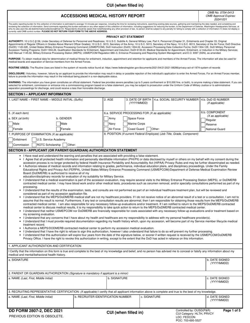 DD Form 2807-2 Accessions Medical Prescreen Report, Page 1