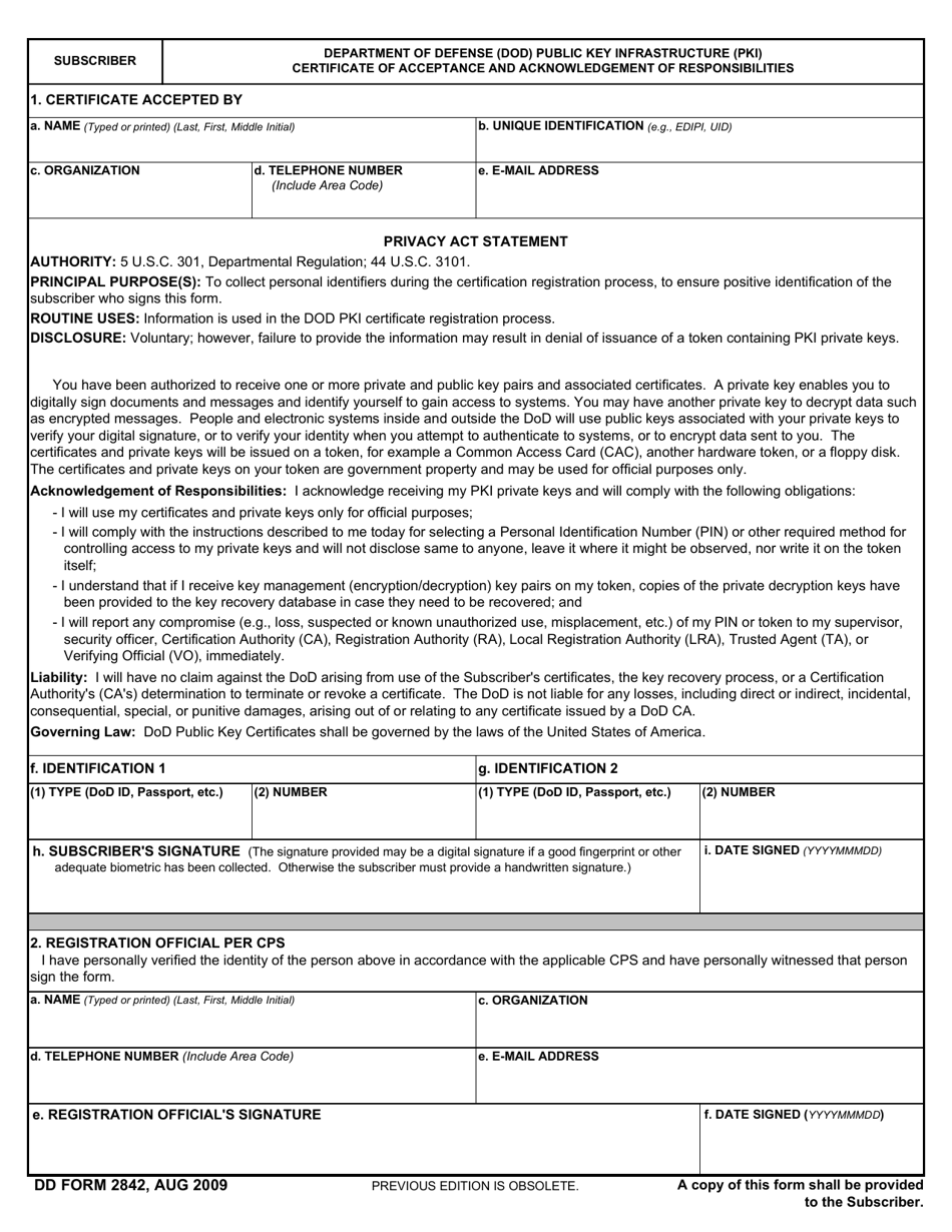 DD Form 2842 Department of Defense (DoD) Public Key Infrastructure (PKI) Certificate of Acceptance and Acknowledgement of Responsibilities, Page 1