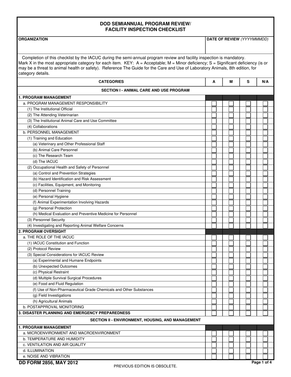 DD Form 2856 DoD Semiannual Program Review / Facility Inspection Checklist, Page 1