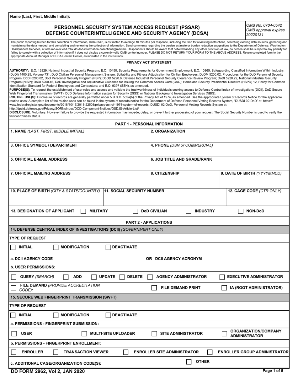 DD Form 2962V2 Personnel Security System Access Request (Pssar) Defense Manpower Data Center (Dmdc), Page 1