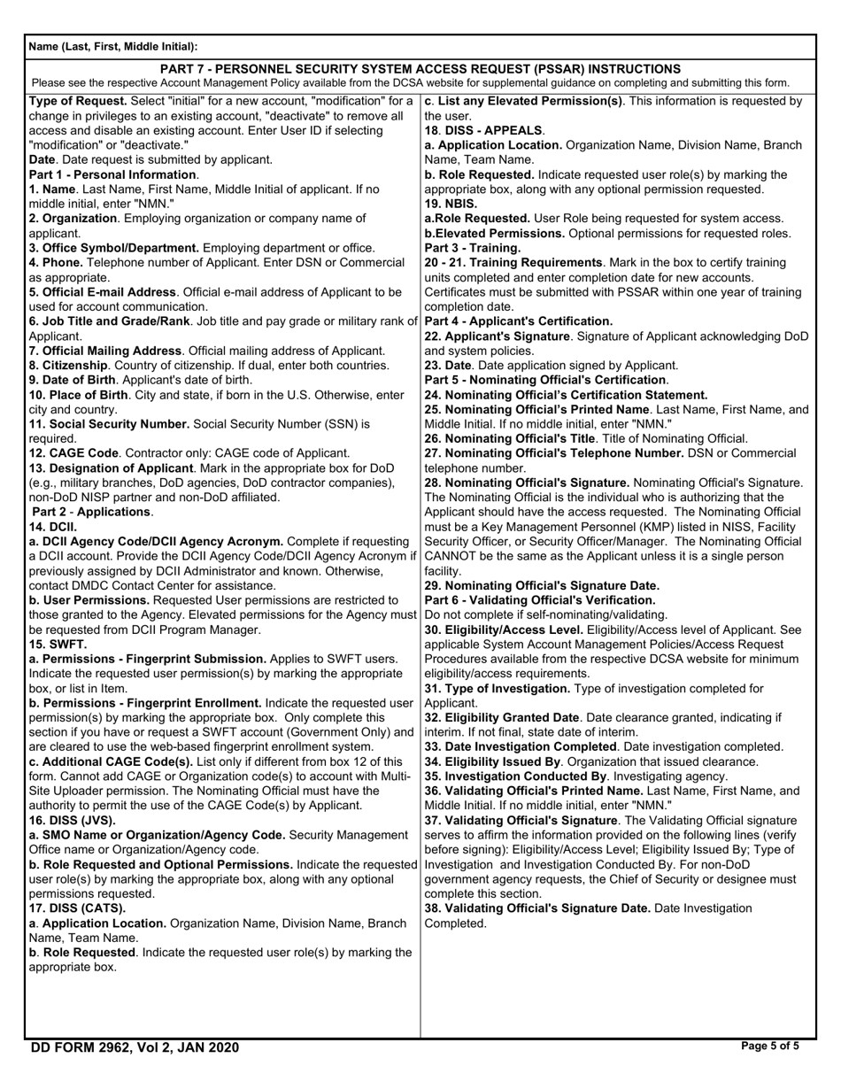 DD Form 2962V2 Personnel Security System Access Request (Pssar) Defense Manpower Data Center (Dmdc), Page 5