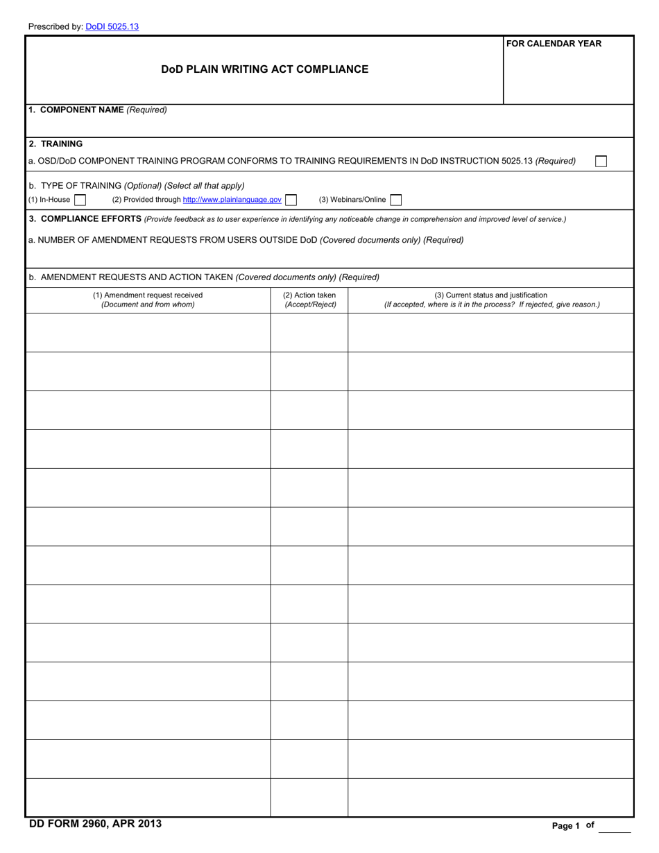 DD Form 2960 DoD Plain Writing Act Compliance, Page 1