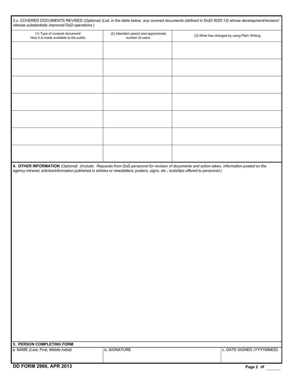 DD Form 2960 DoD Plain Writing Act Compliance, Page 2