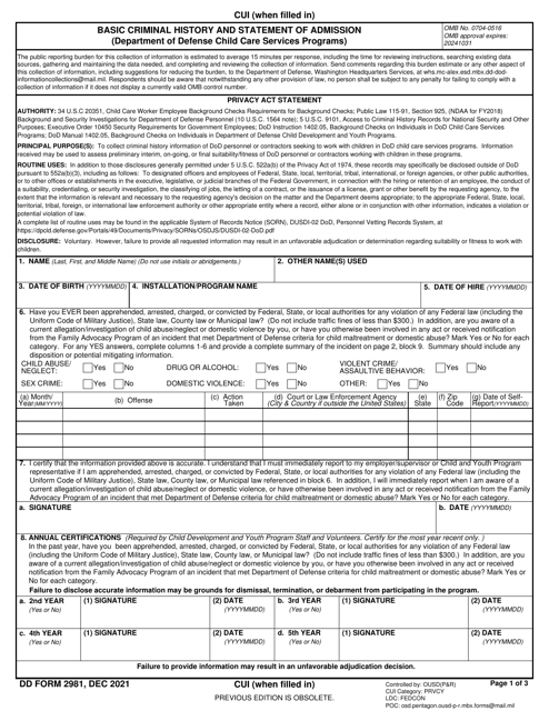 DD Form 2981 Basic Criminal History and Statement of Admission