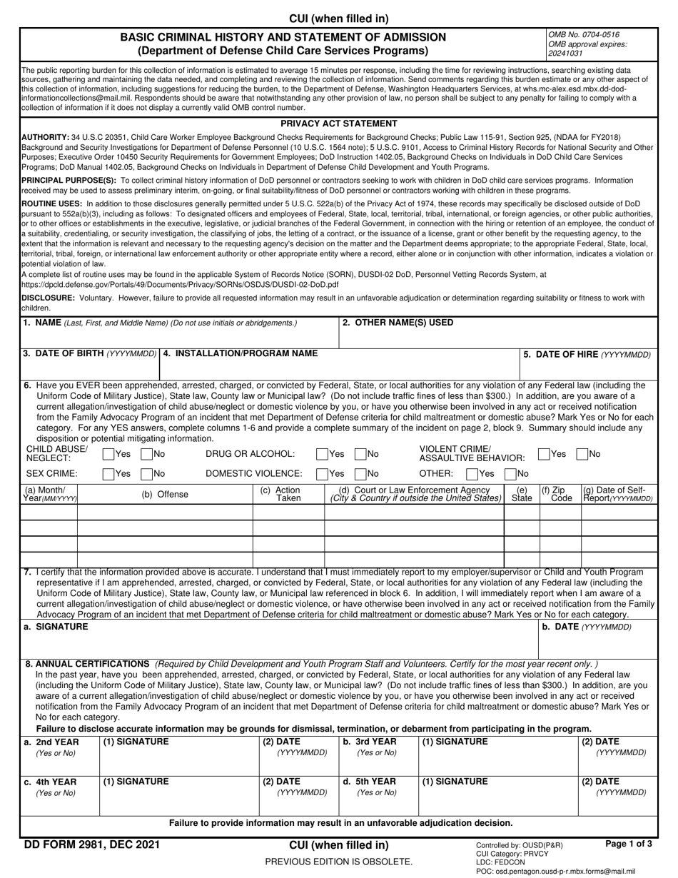 DD Form 2981 Basic Criminal History and Statement of Admission, Page 1