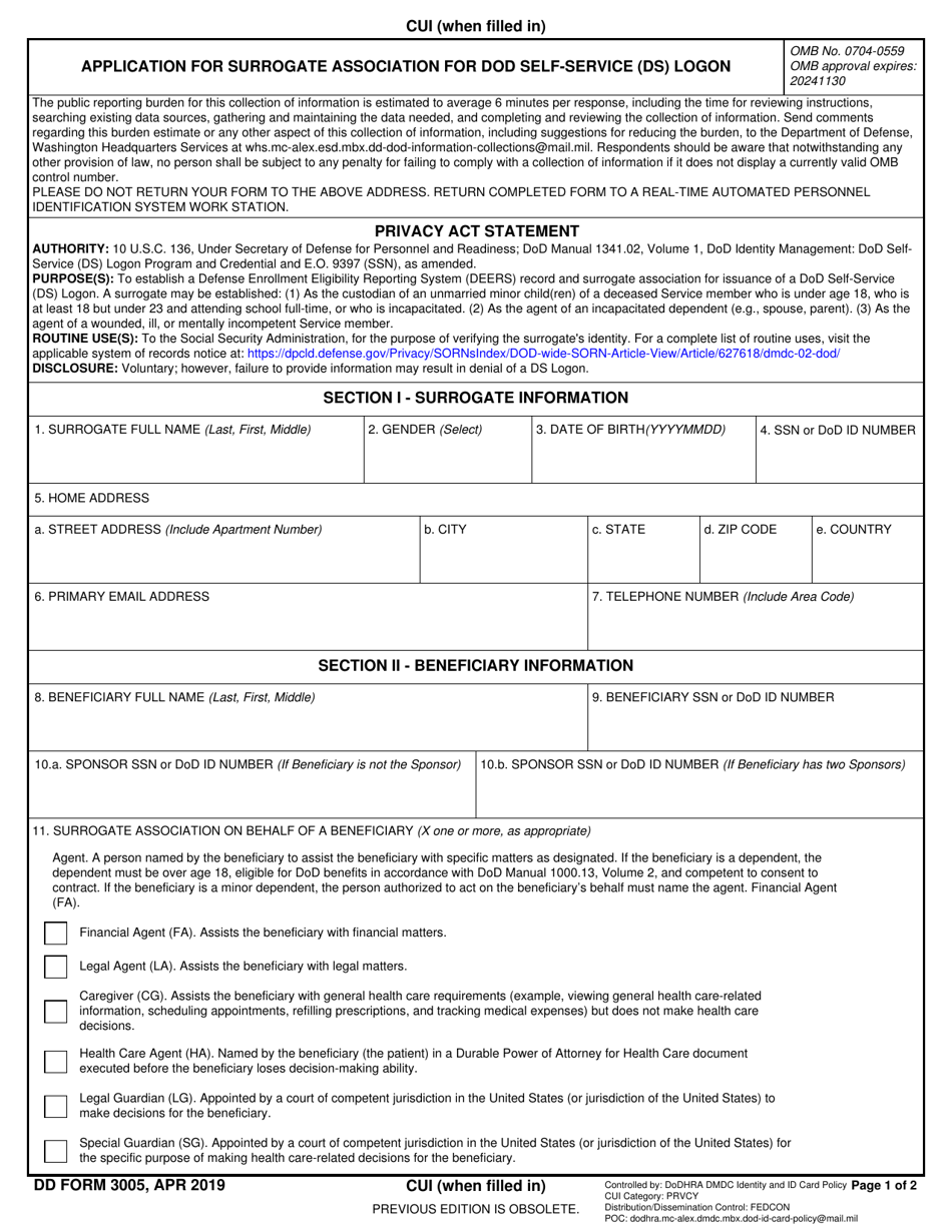 DD Form 3005 Application for Surrogate Association for DoD Self-service (Ds) Logon, Page 1