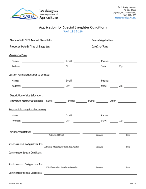 Form AGR-2196 Application for Special Slaughter Conditions - Washington