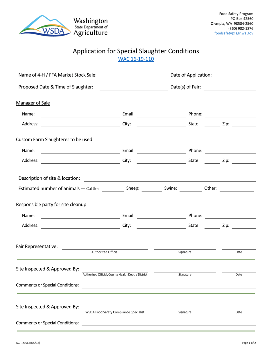 Form AGR-2196 Application for Special Slaughter Conditions - Washington, Page 1