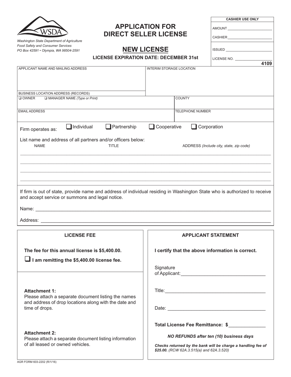 AGR Form 603-2202 Application for Direct Seller License - Washington, Page 1