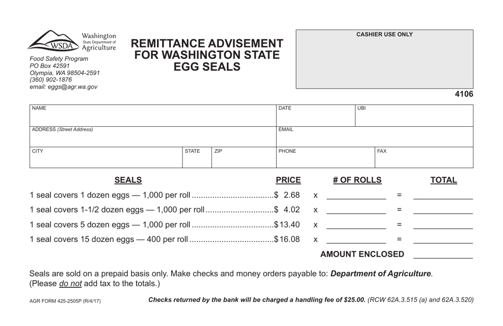 AGR Form 425-2505P Remittance Advisement for Washington State Egg Seals - Washington