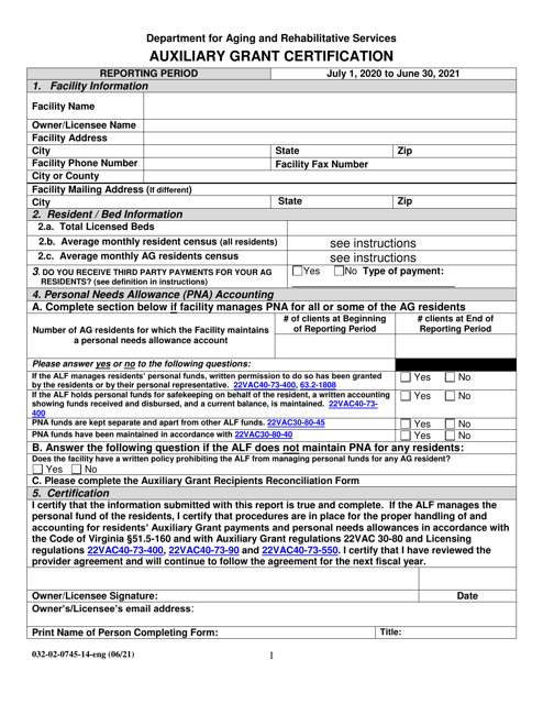 Form 032-02-0745-14-ENG Auxiliary Grant Certification - Virginia, 2021