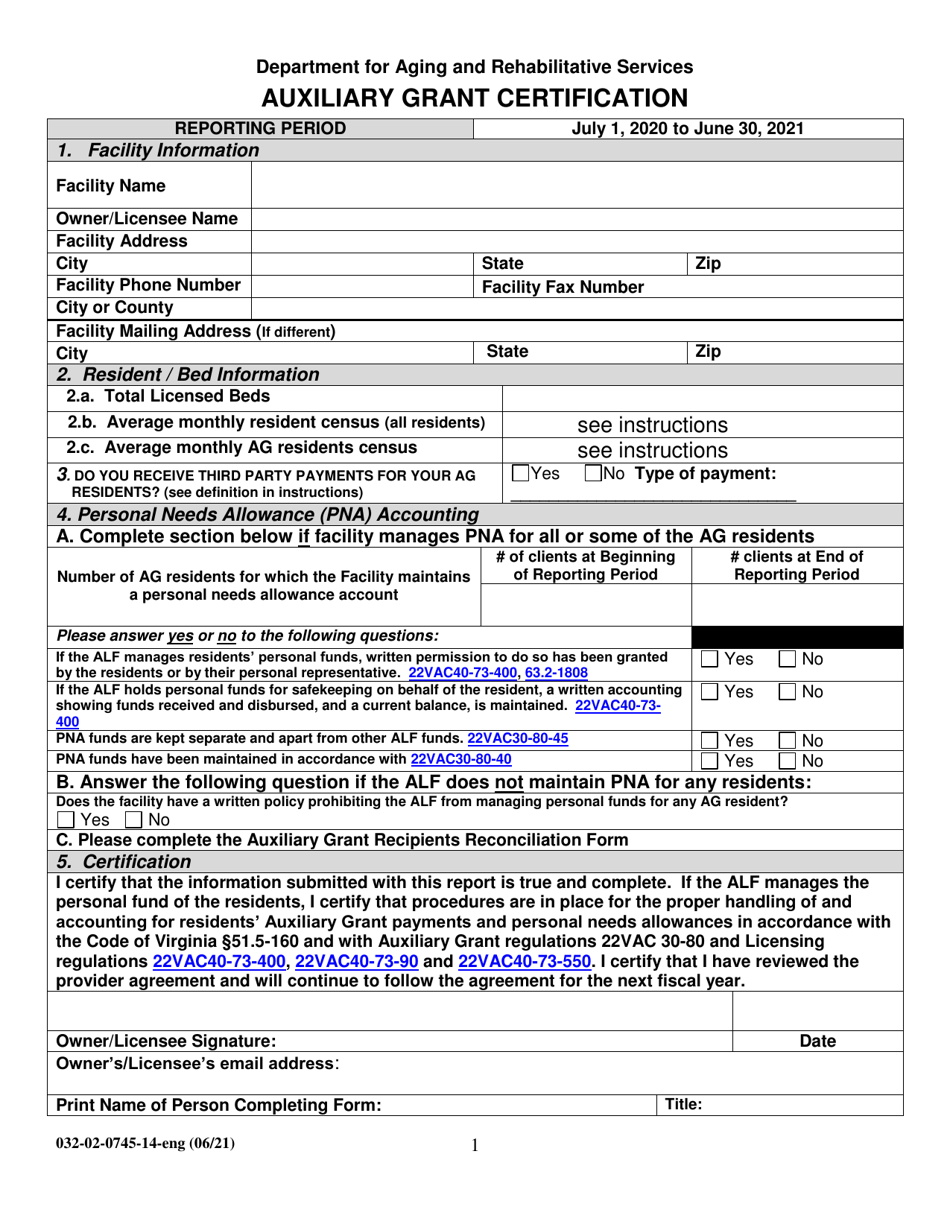 Form 032-02-0745-14-ENG Auxiliary Grant Certification - Virginia, Page 1